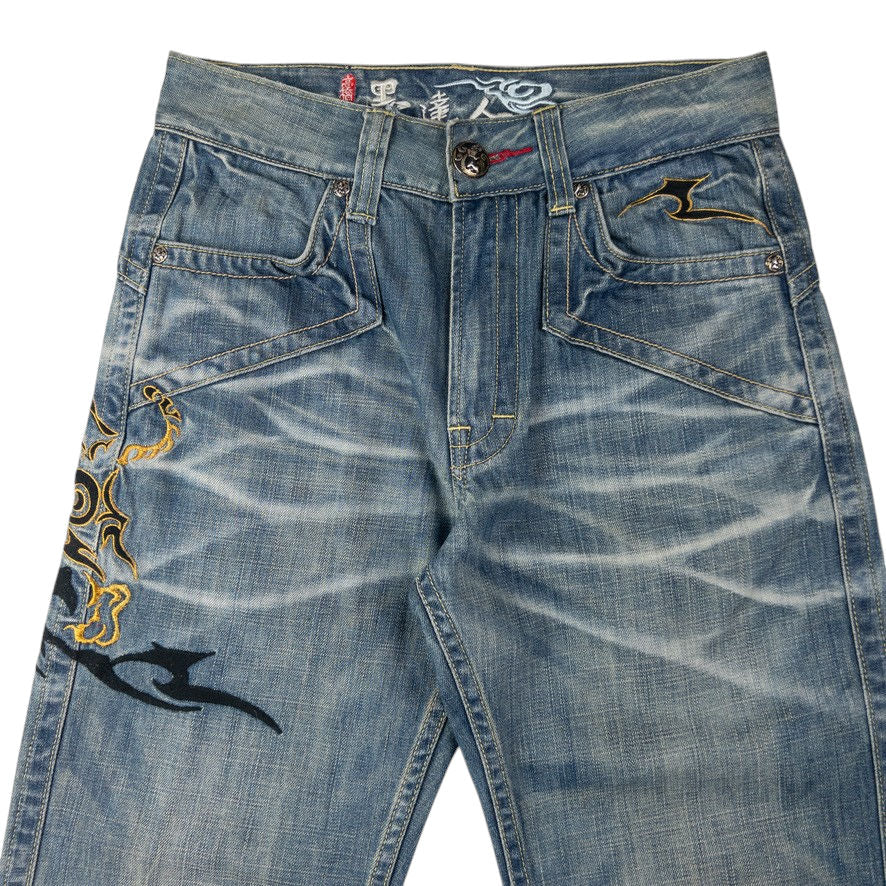 Vintage Big Train Embroidered Tribal Tiger Japanese Denim Jeans Size W30