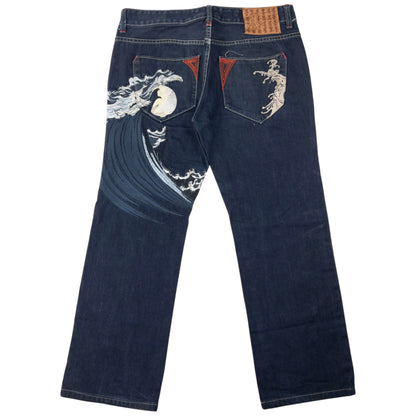 Vintage Big Train Embroidered Wave Japanese Denim Jeans Size W33