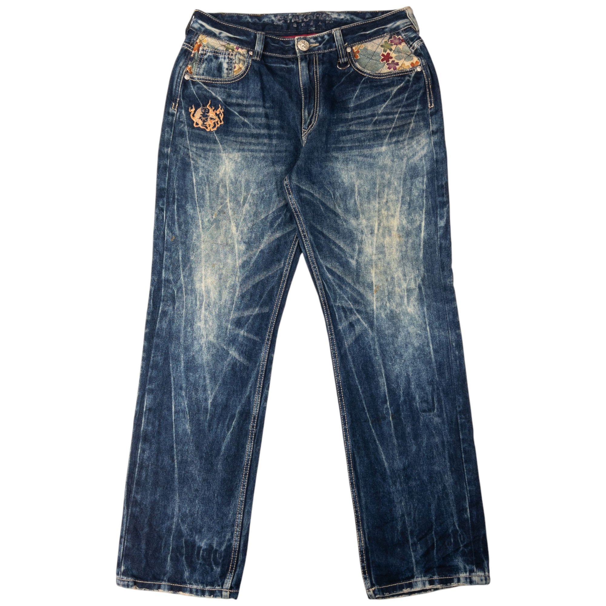 Vintage Big Train Embroidered Patchwork Japanese Denim Jeans Size W36