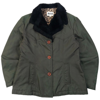 Vintage 2000s Dolce & Gabbana Leopard Print Lined Jacket in green, black faux fur collar