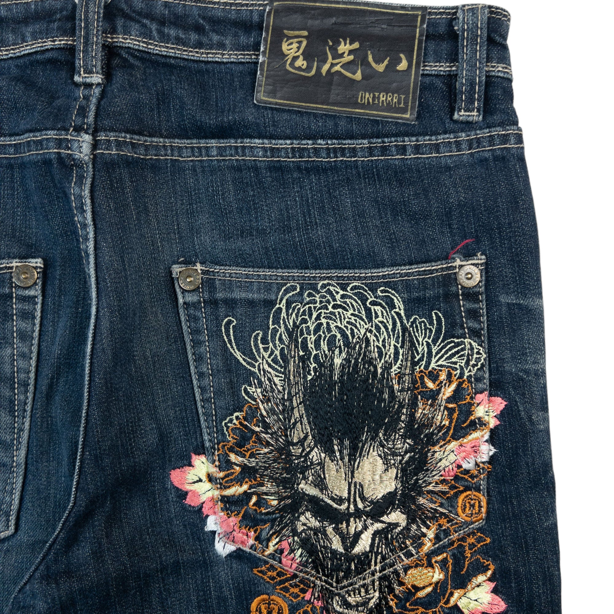Vintage Oniarai Japanese Floral Monster Embroidered Denim Jeans Size W34