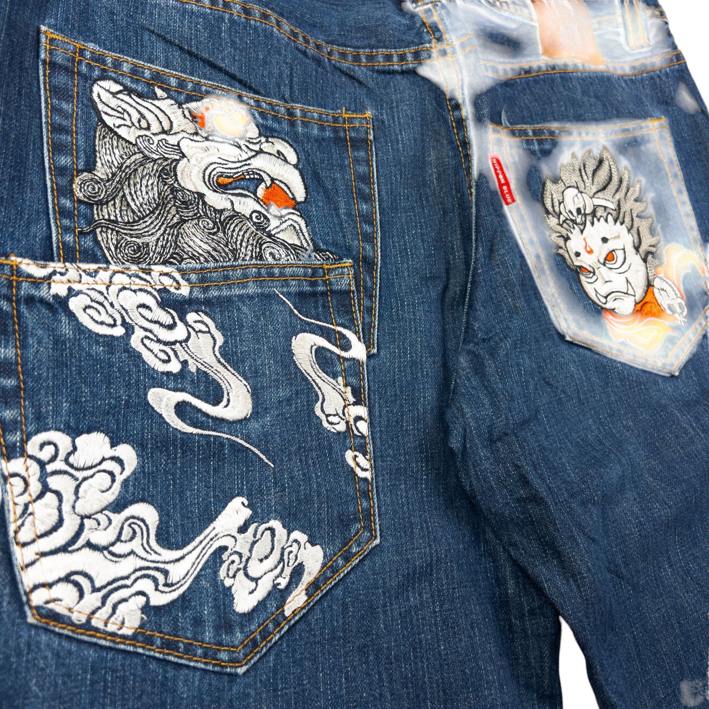 Vintage Jizo Bosatsu Embroidered Troll Japanese Denim Jeans Size W35