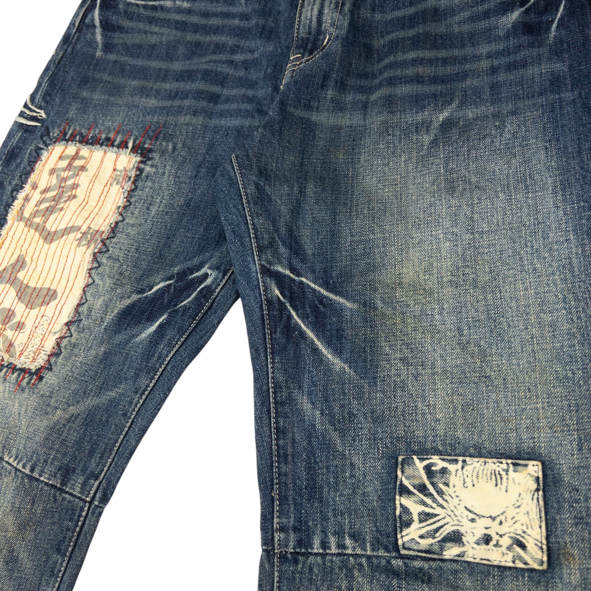 Vintage Big Train Embroidered Patchwork Japanese Denim Jeans Size W33