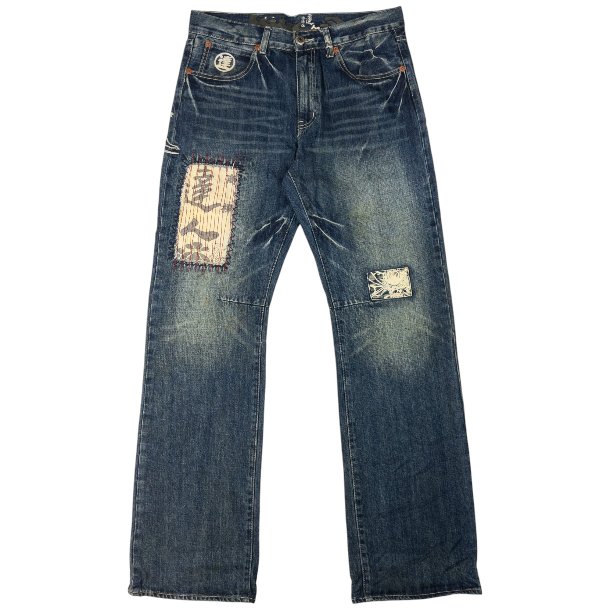 Vintage Big Train Embroidered Patchwork Japanese Denim Jeans Size W33