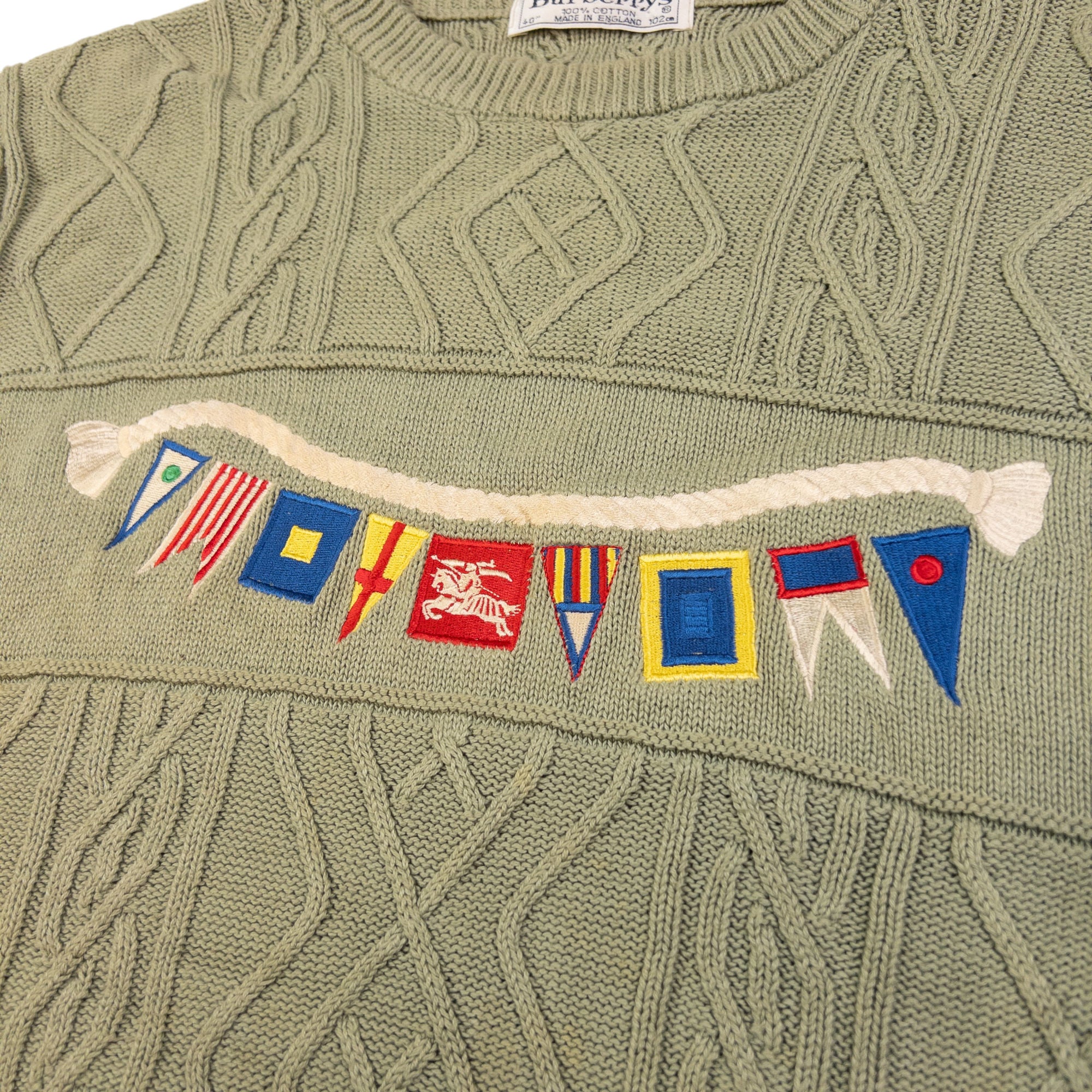 Vintage Burberry Embroidered Flag Cable Knit Jumper Size XL