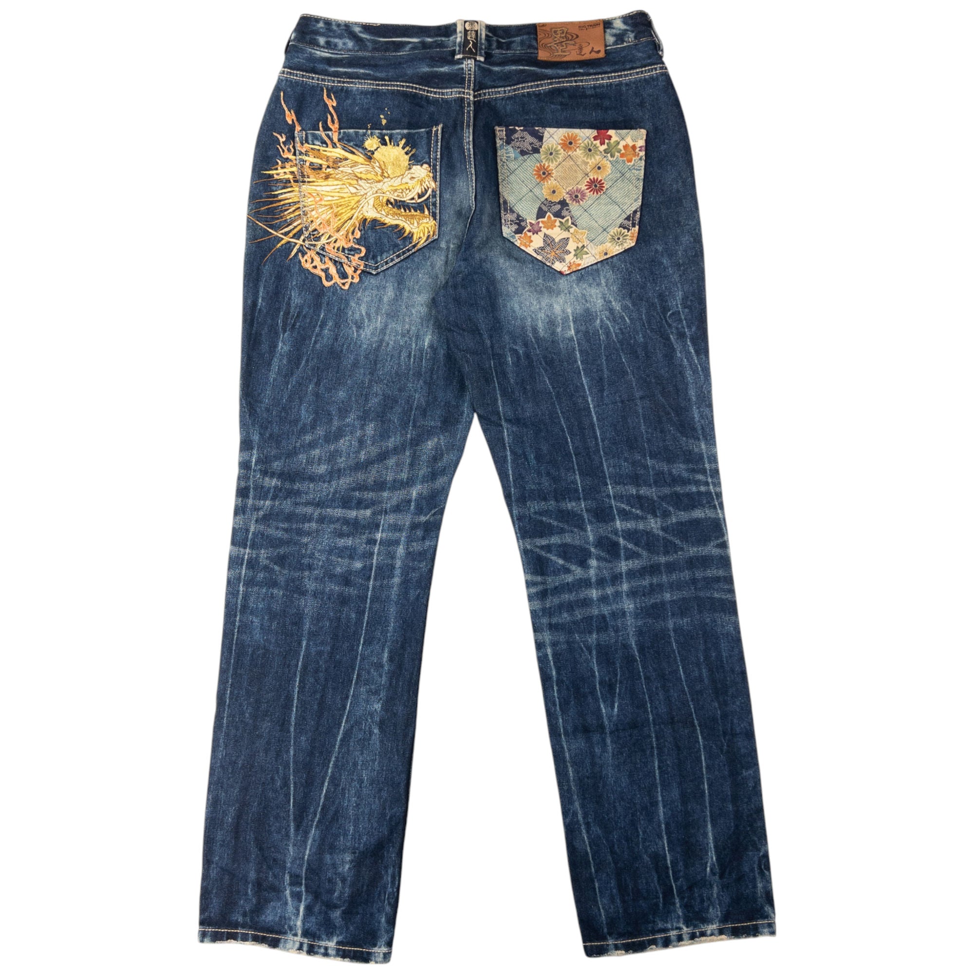 Vintage Big Train Embroidered Patchwork Japanese Denim Jeans Size W36