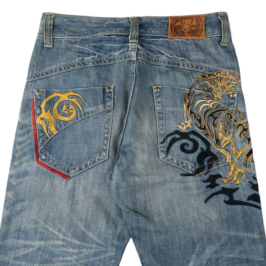 Vintage Big Train Embroidered Tribal Tiger Japanese Denim Jeans Size W30