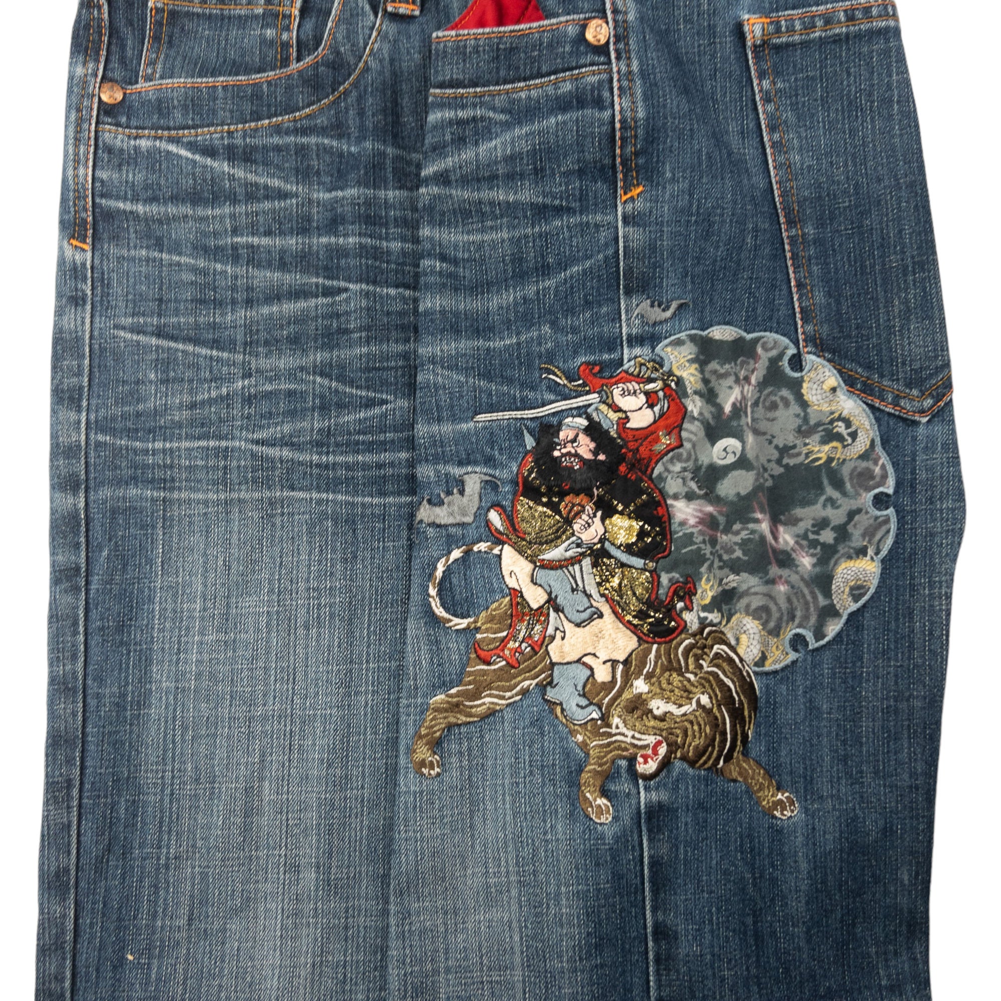 Vintage Samurai Big Train Embroidered Japanese Denim Jeans Size W37