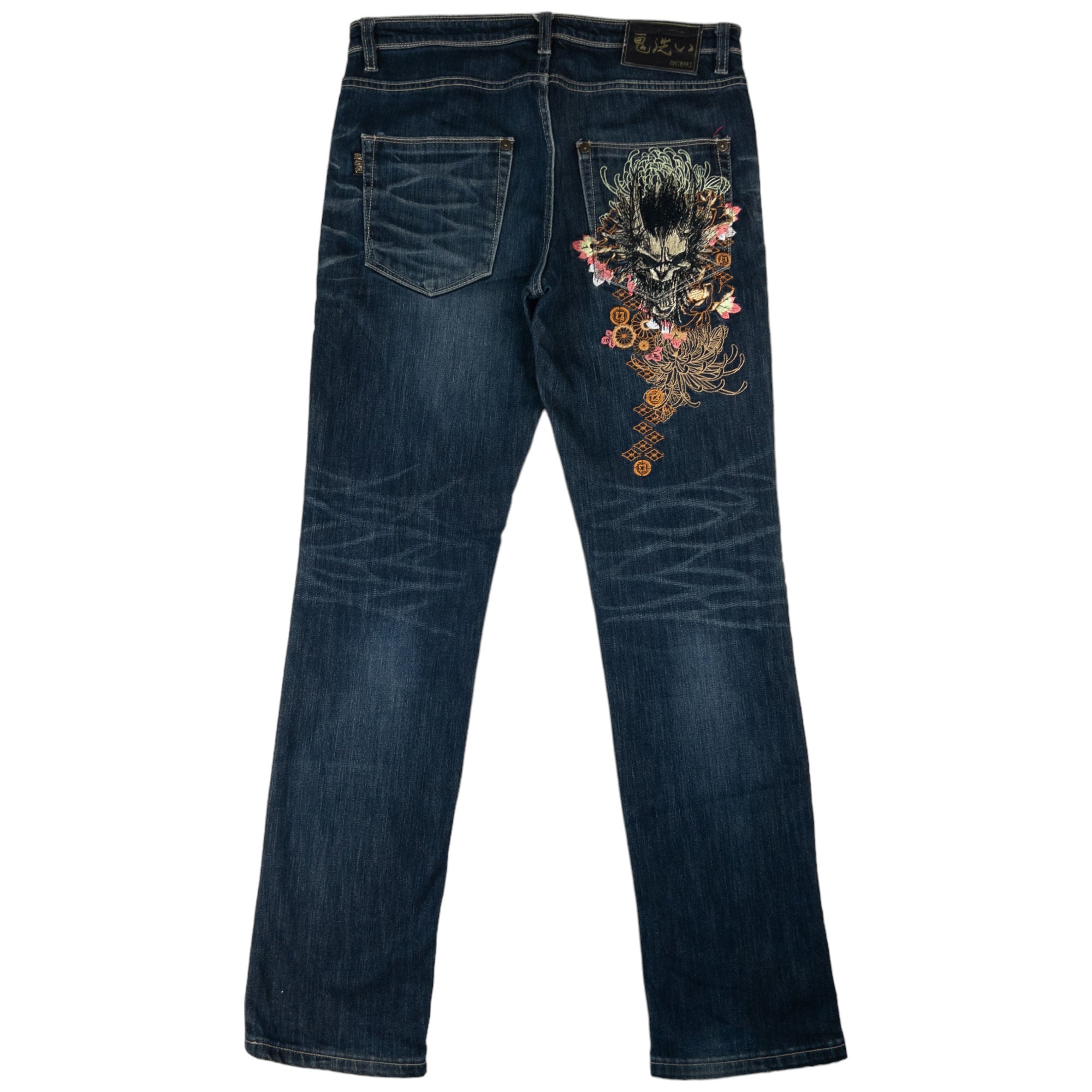 Vintage Oniarai Japanese Floral Monster Embroidered Denim Jeans Size W34