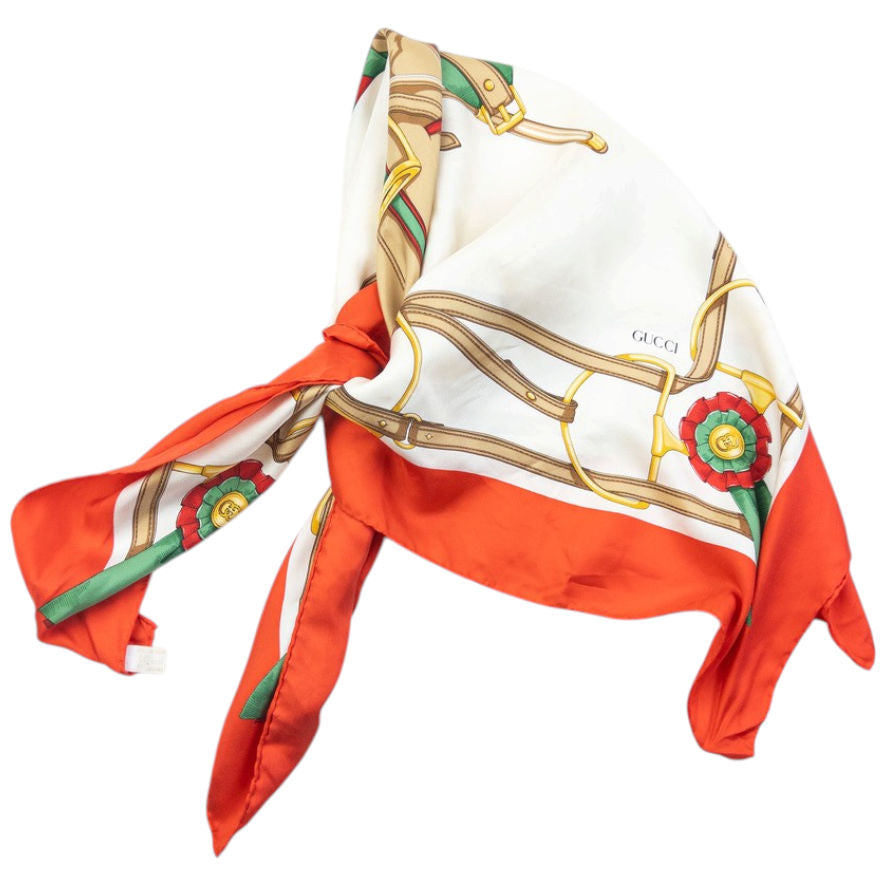 Vintage 80s Gucci Equestrian Horse Harness Print Silk Scarf