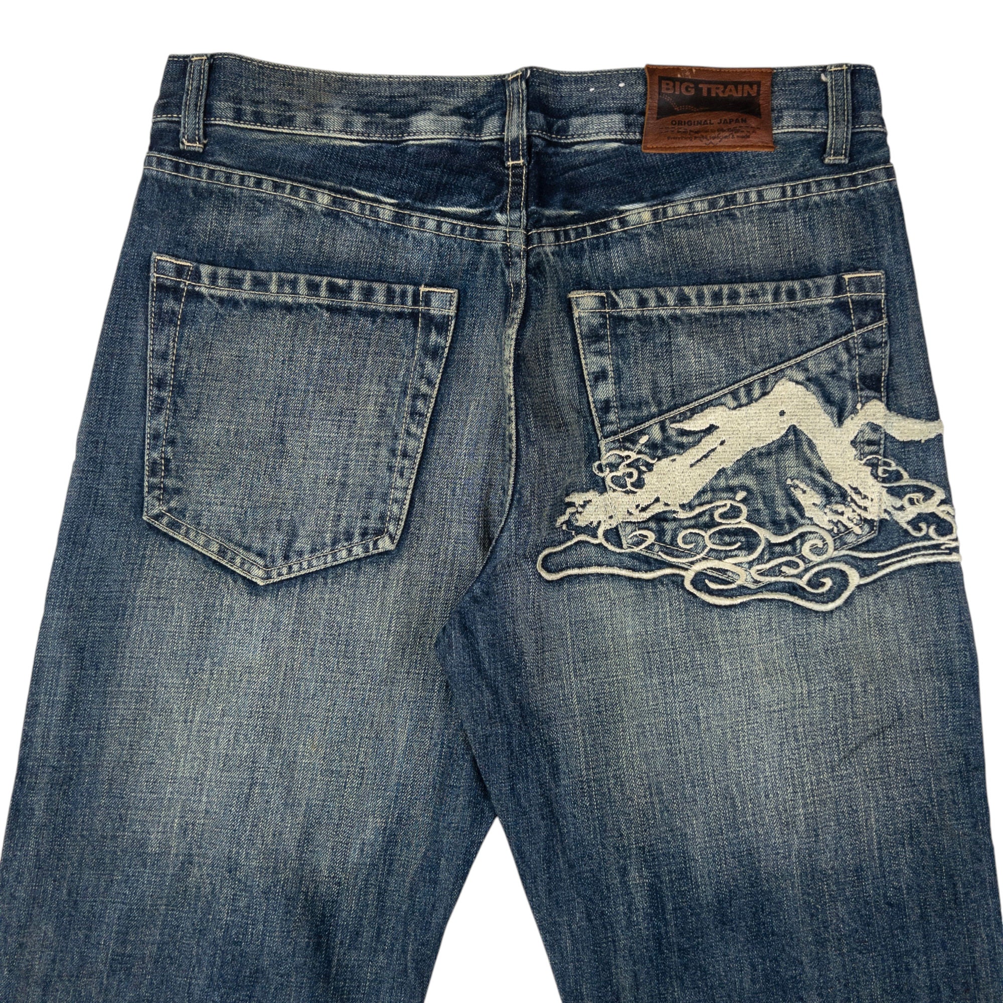 Vintage Big Train Embroidered Patchwork Japanese Denim Jeans Size W33