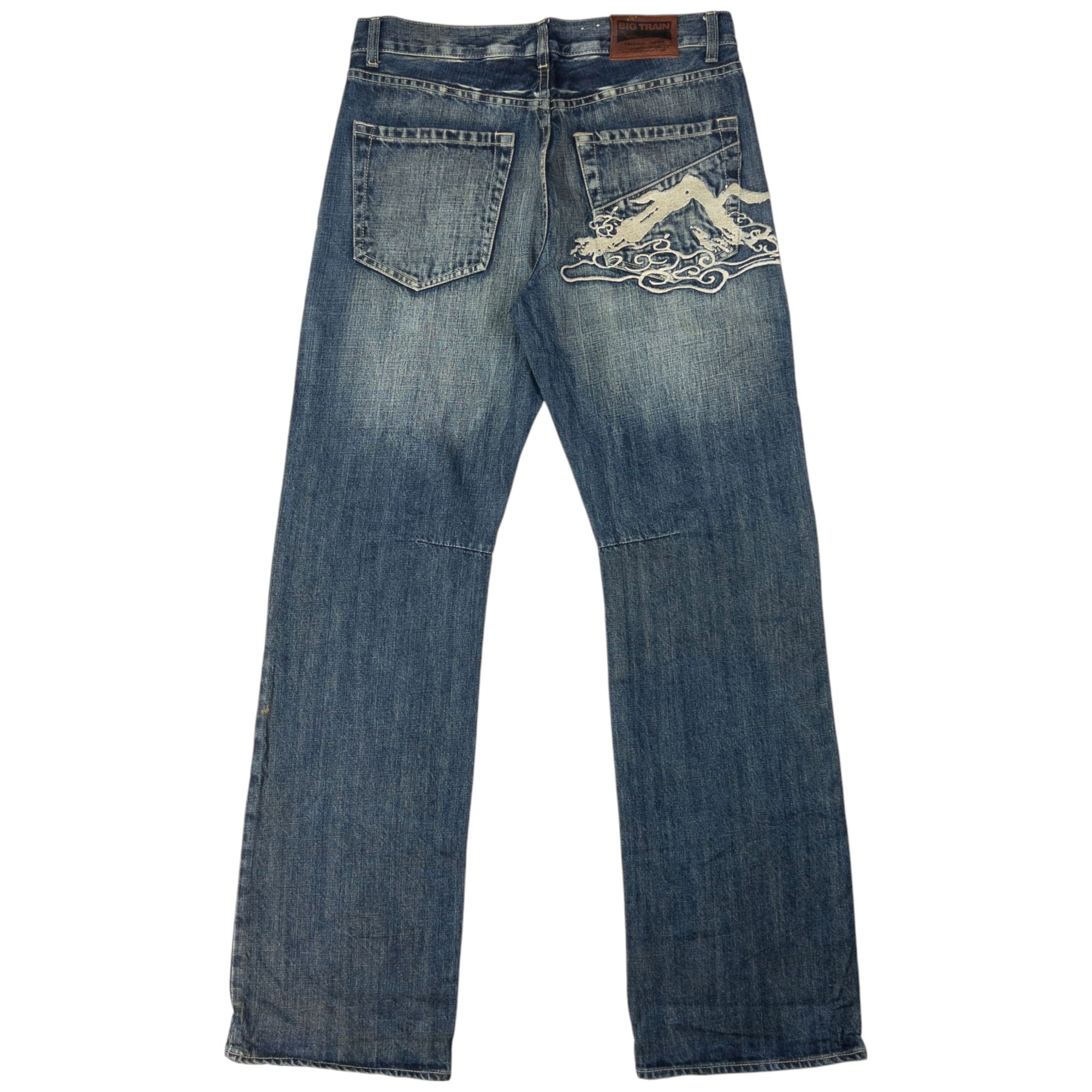 Vintage Big Train Embroidered Patchwork Japanese Denim Jeans Size W33