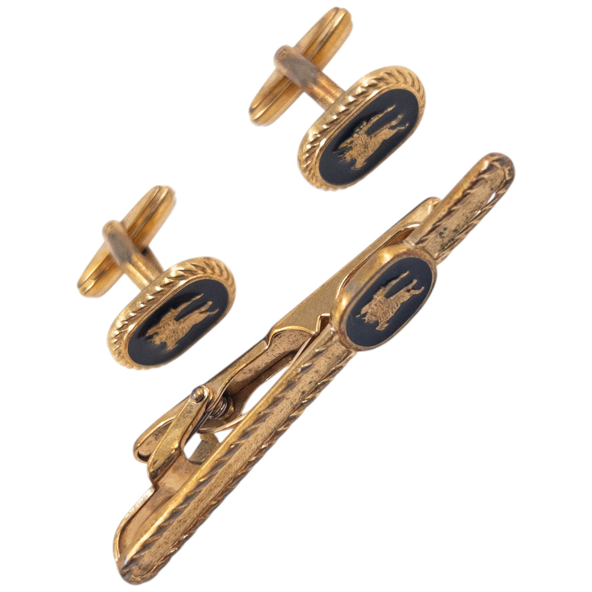 Vintage 90s Burberry Embossed Cufflinks & Tie Clip Set