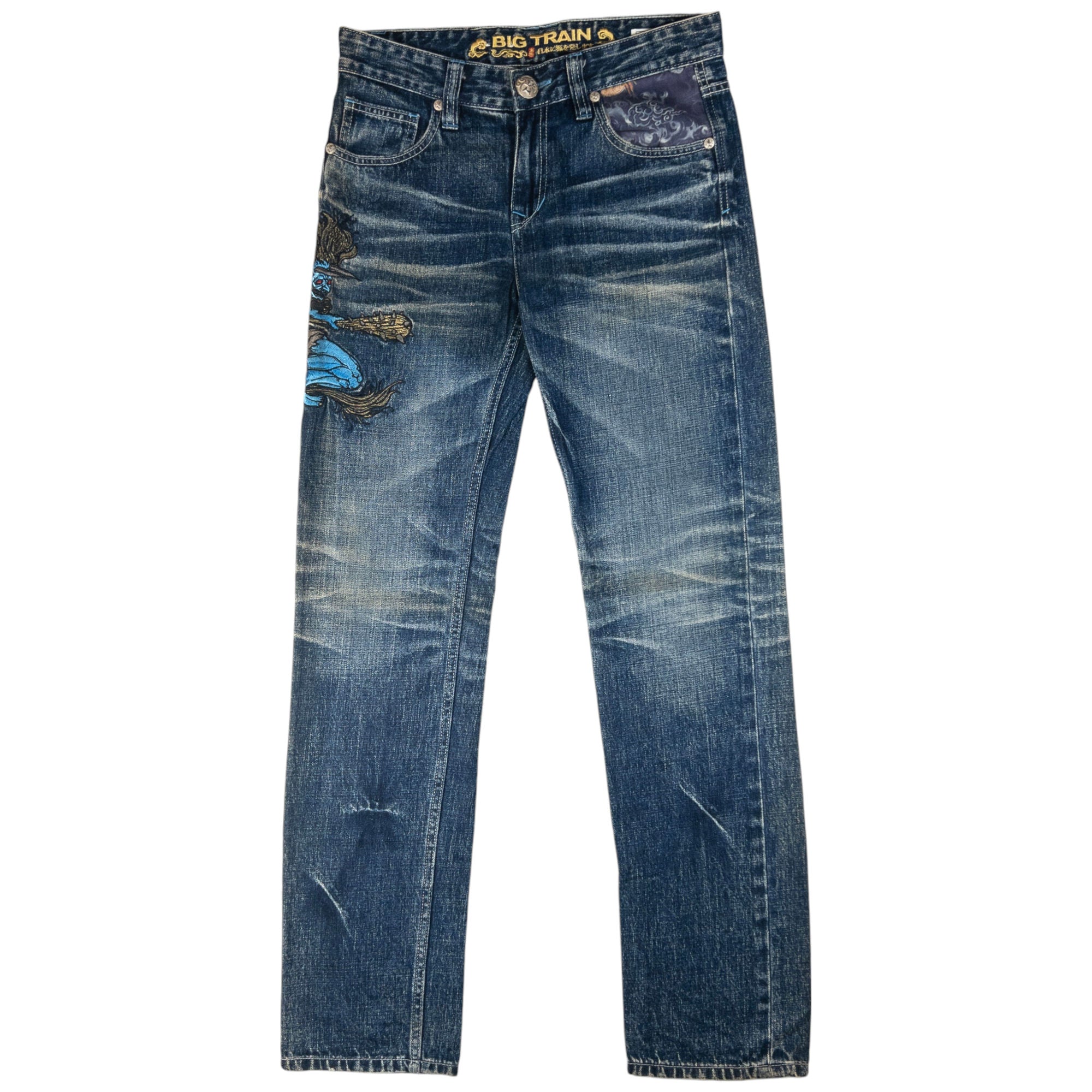 Vintage Big Train Embroidered Patchwork Japanese Denim Jeans Size W30