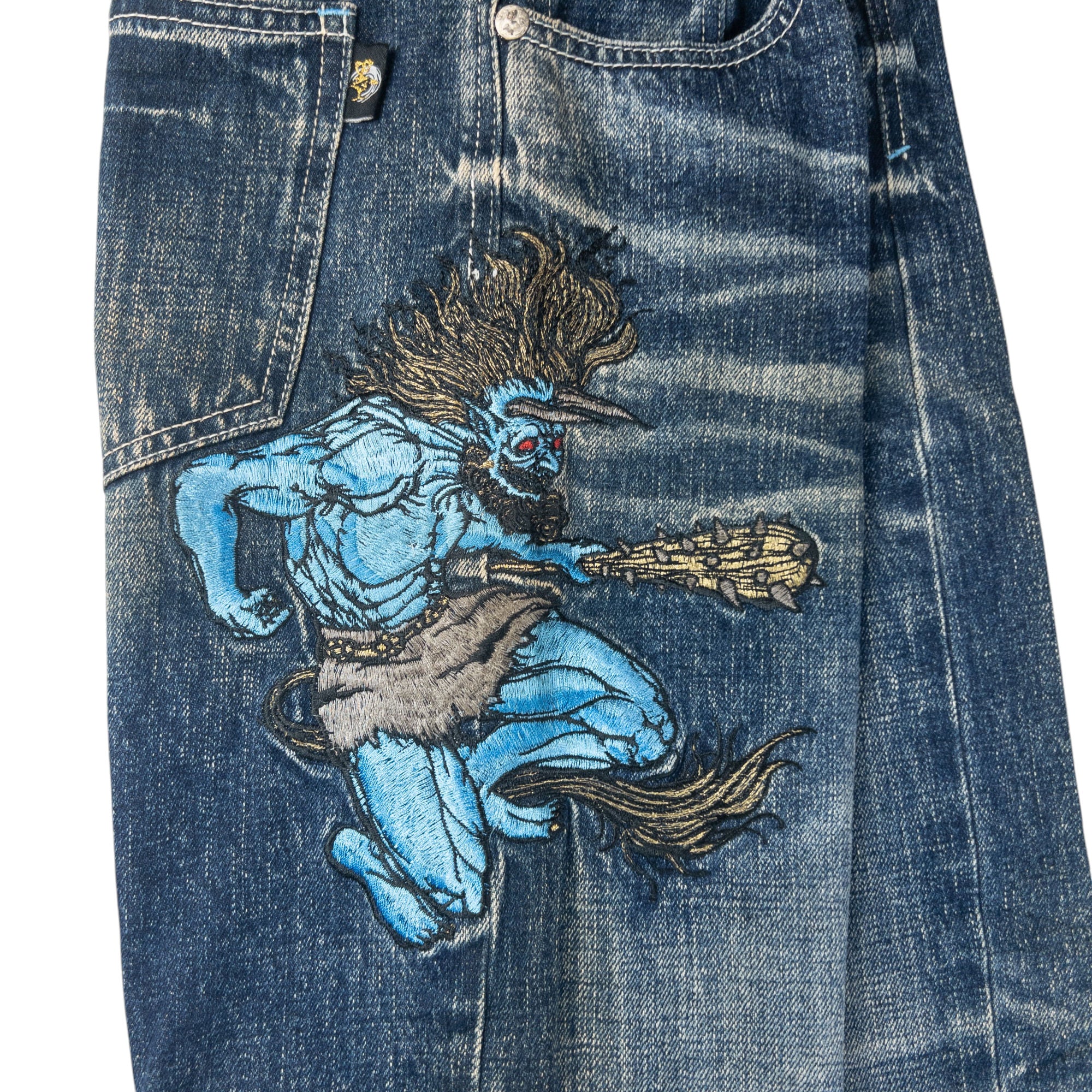 Vintage Big Train Embroidered Patchwork Japanese Denim Jeans Size W30