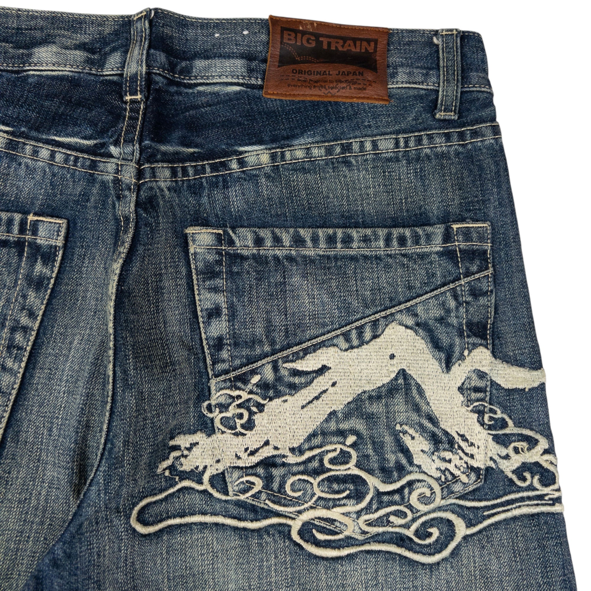 Vintage Big Train Embroidered Patchwork Japanese Denim Jeans Size W33