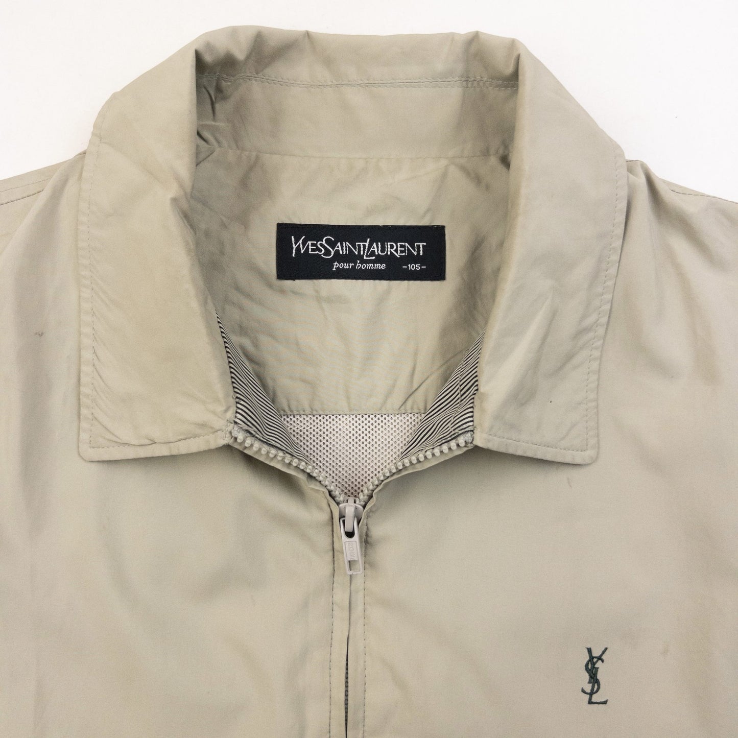 YVES SAINT LAURENT beige and grey Harrington jacket embroidered logo on chest, zip front closure.