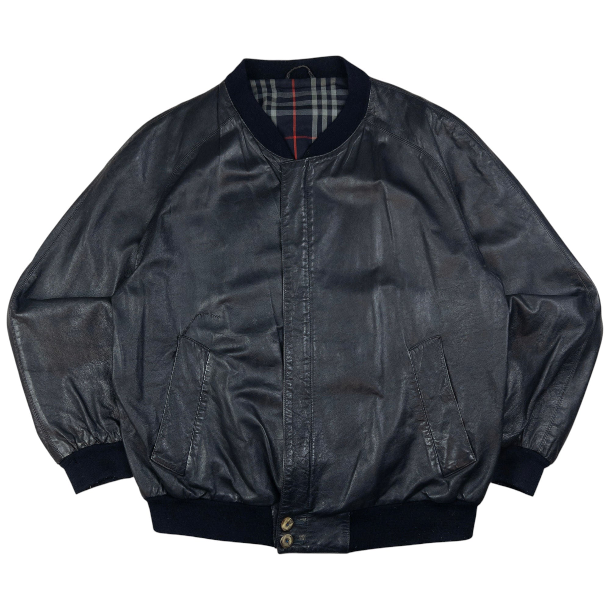 Vintage Burberry Nova Check Lined Leather Bomber Jacket Size L
