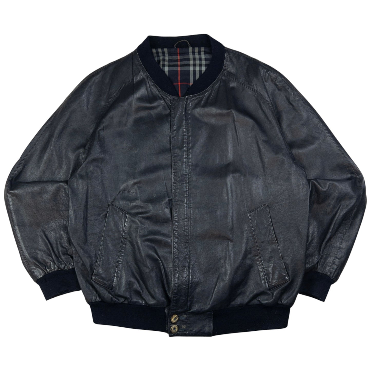 Vintage Burberry Nova Check Lined Leather Bomber Jacket Size L