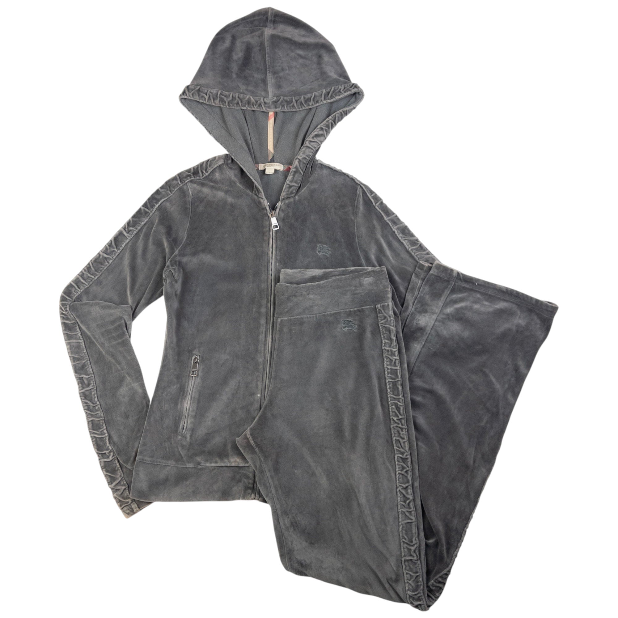 Vintage Burberry Ruched Velour Zip Up Hoodie & Joggers Set Womens Size S