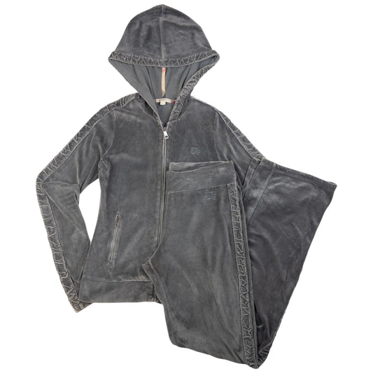 Vintage Burberry Ruched Velour Zip Up Hoodie & Joggers Set Womens Size S