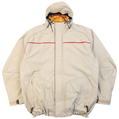Vintage 2000s Oakley Zip Up Snowboarding Jacket in beige, adjustable elastic and velcro features