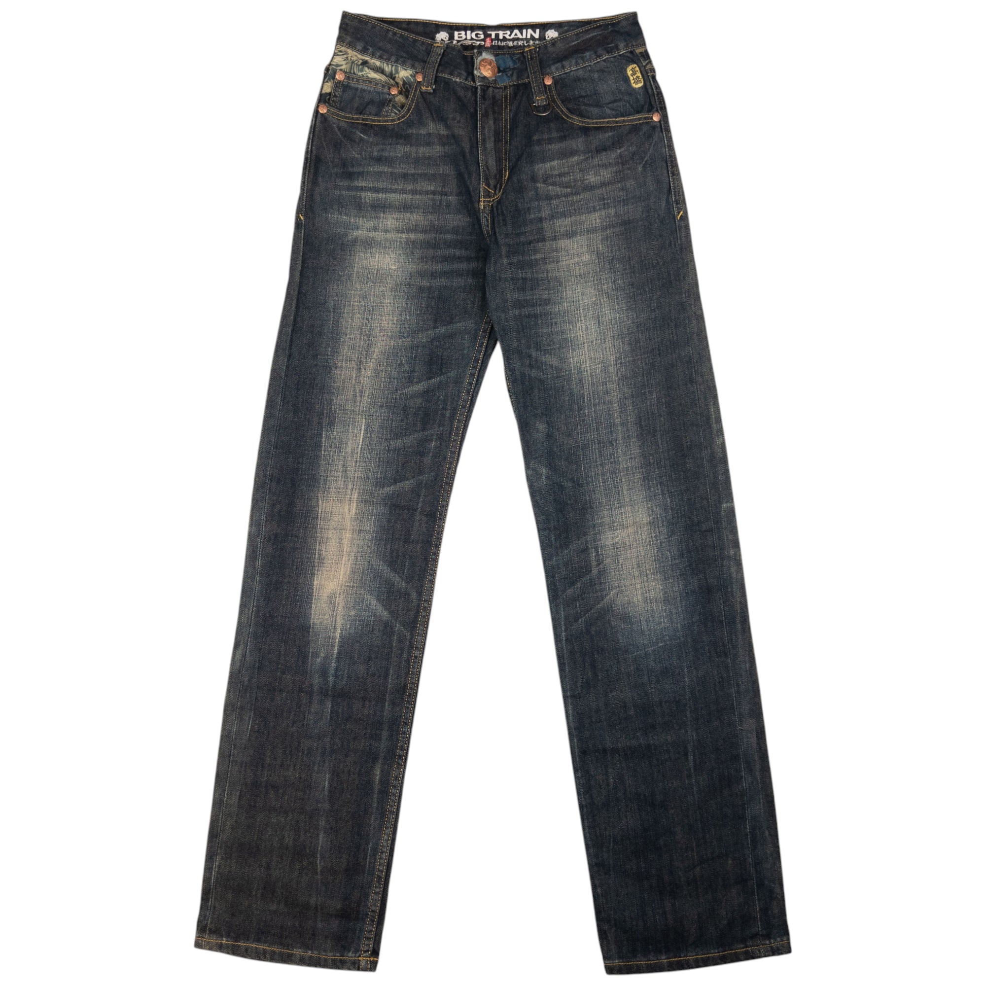Vintage Big Train Embroidered Patchwork Japanese Denim Jeans Size W30