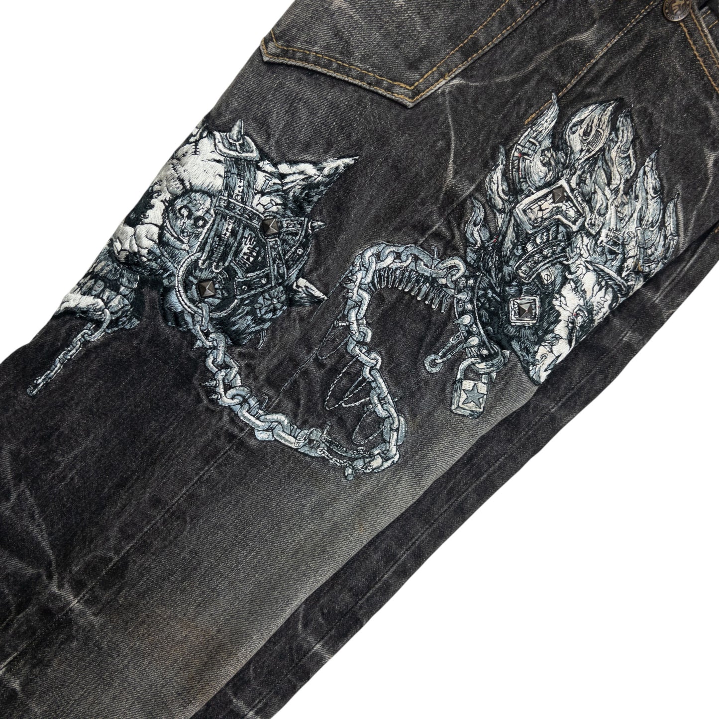 Vintage Jizo Bosatsu Embroidered Troll Skull Japanese Denim Jeans Size W30