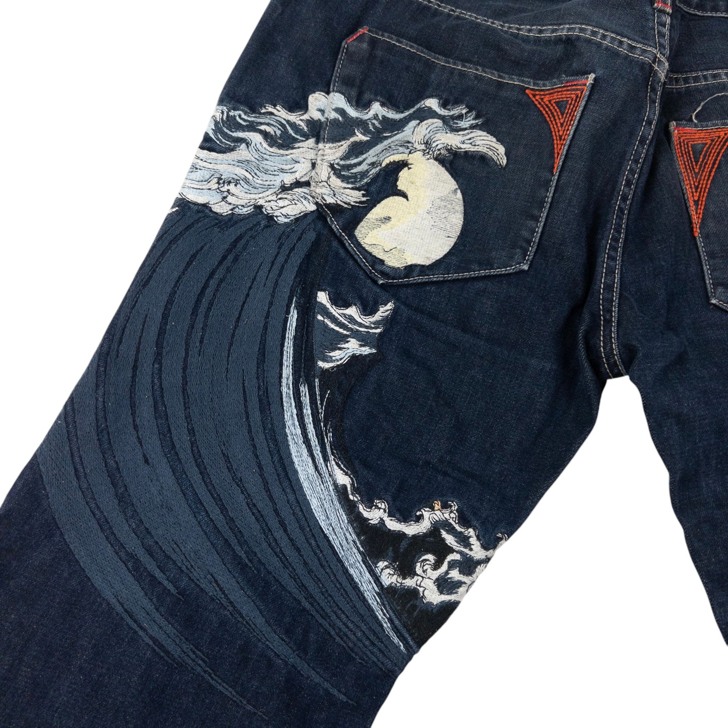 Vintage Big Train Embroidered Wave Japanese Denim Jeans Size W33