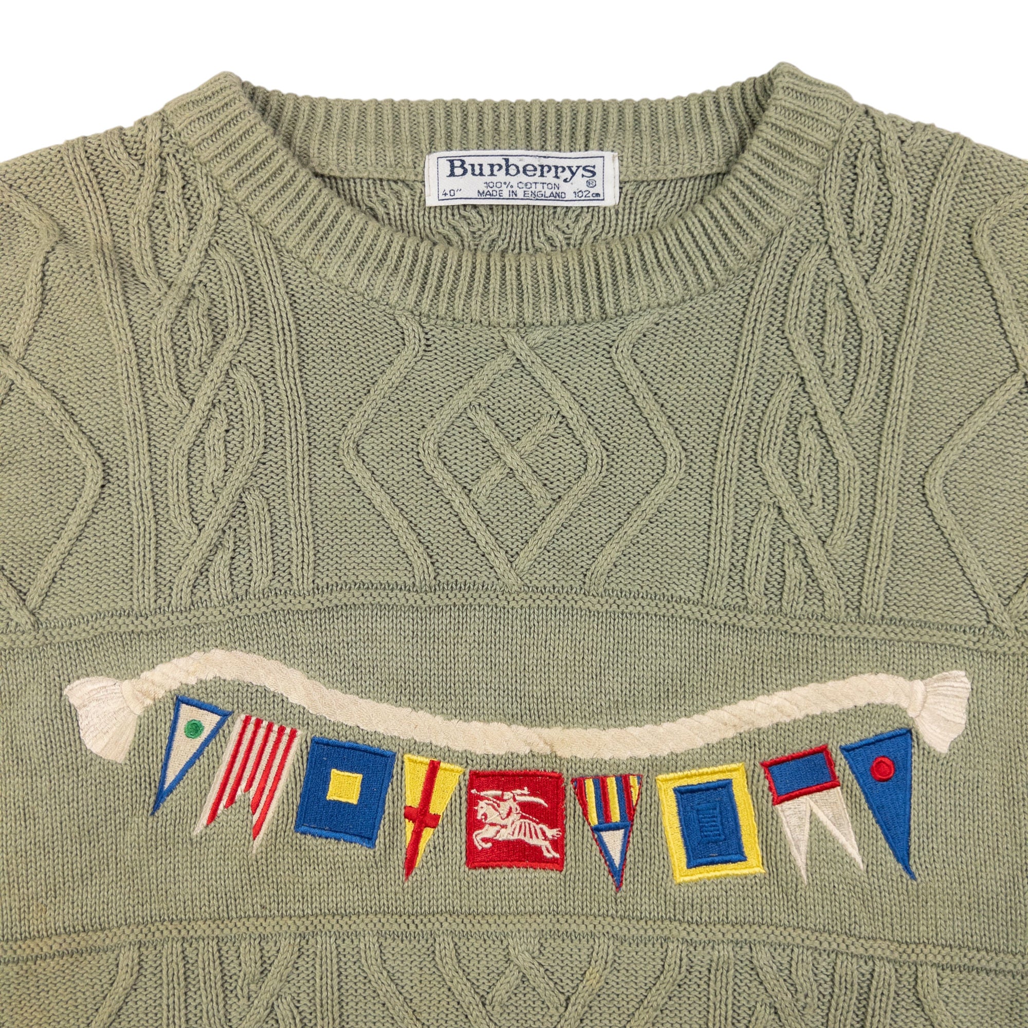 Vintage Burberry Embroidered Flag Cable Knit Jumper Size XL