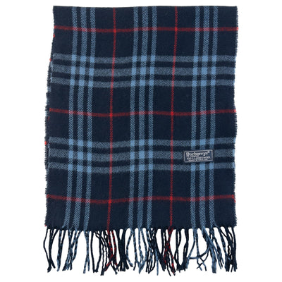Vintage 90s Burberrys Nova Check Lambswool Scarf in navy, blue accent colour