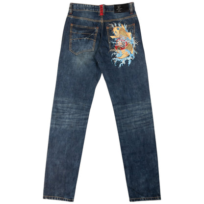 Vintage Big Train Embroidered Koi Fish Japanese Denim Jeans Size W30