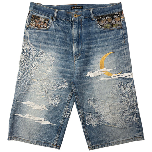 Vintage Hishyouhakurei Embroidered Patchwork Japanese Denim Shorts Size W33