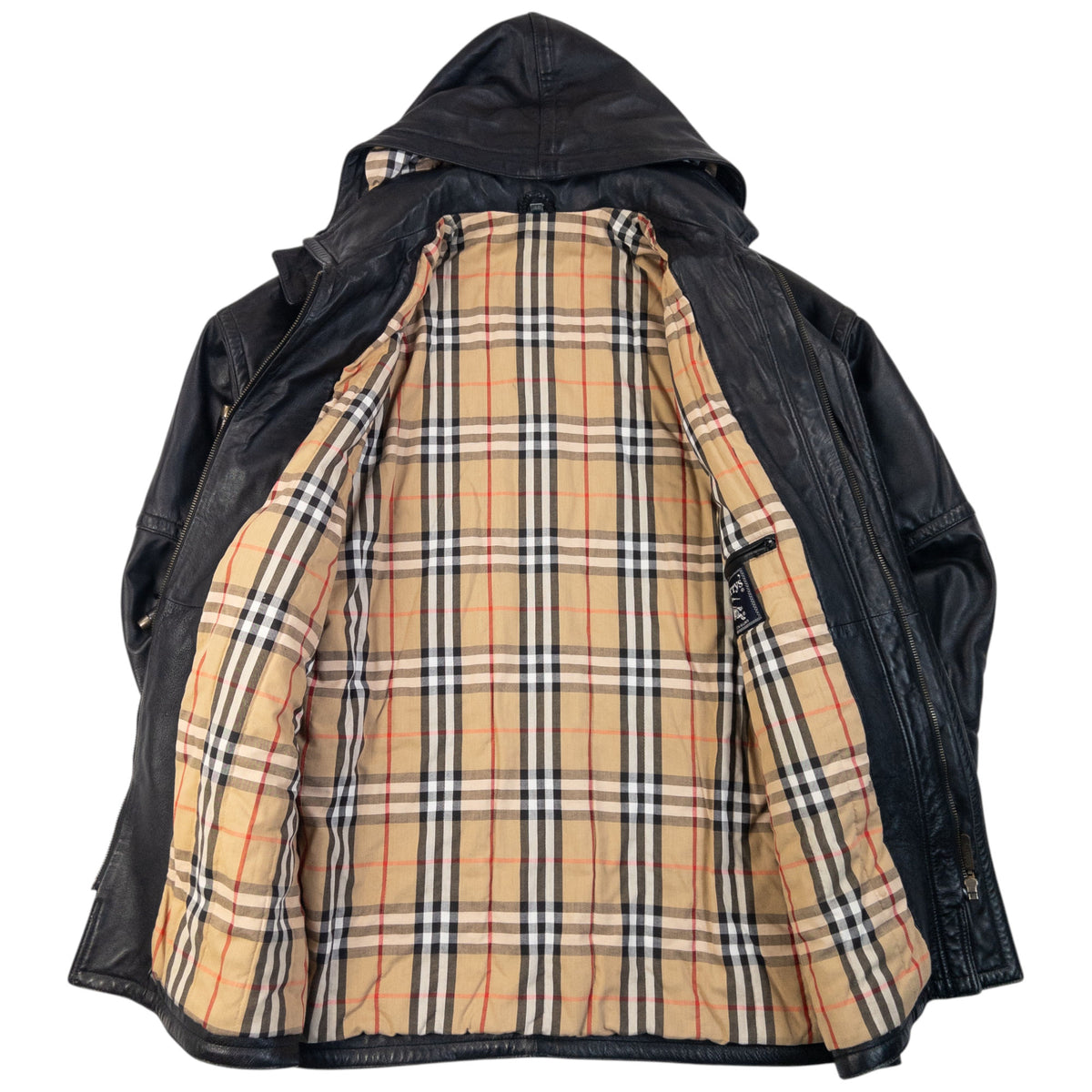Vintage 90s Burberry Nova Check Lined Leather Duffle Jacket in black, photo 2