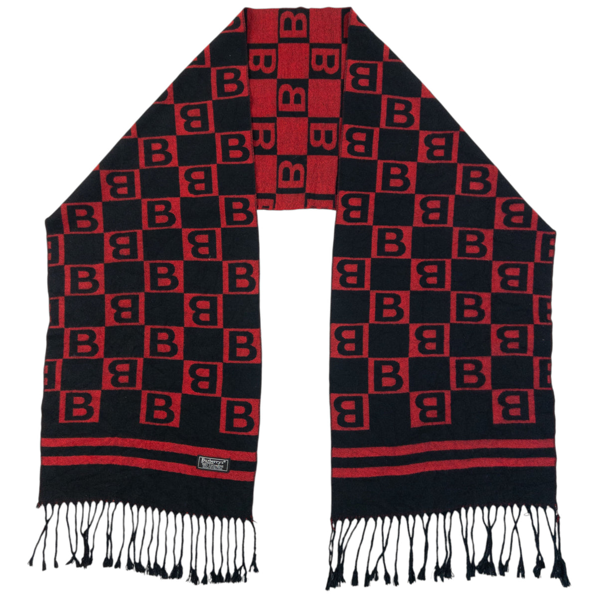 Vintage 90s Burberry Monogram Checkered Cashmere Tassel Scarf