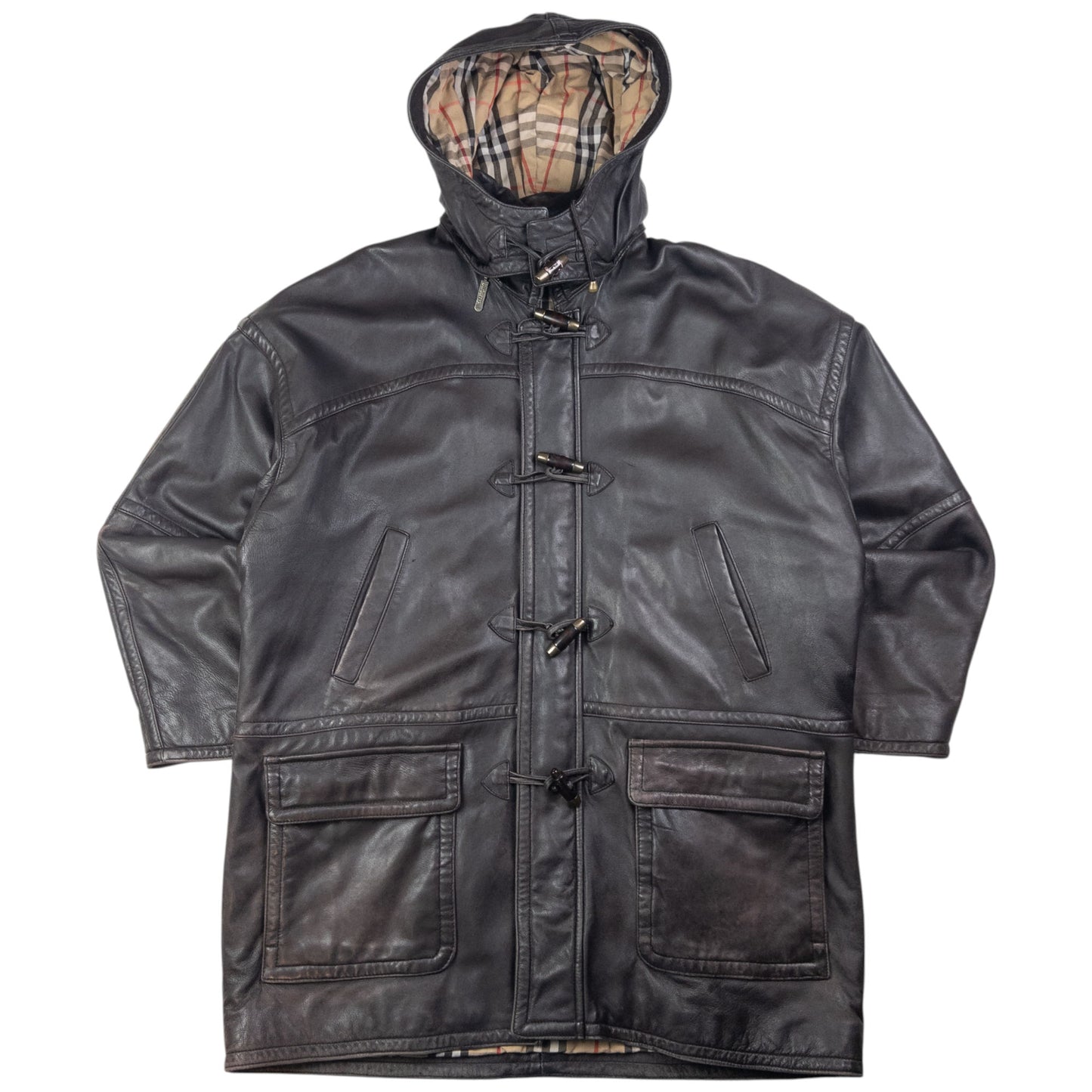 Vintage Burberry Nova Check Lined Leather Duffle Jacket Size XL