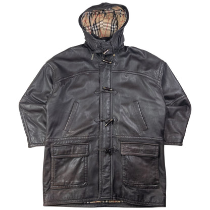 Vintage Burberry Nova Check Lined Leather Duffle Jacket Size XL