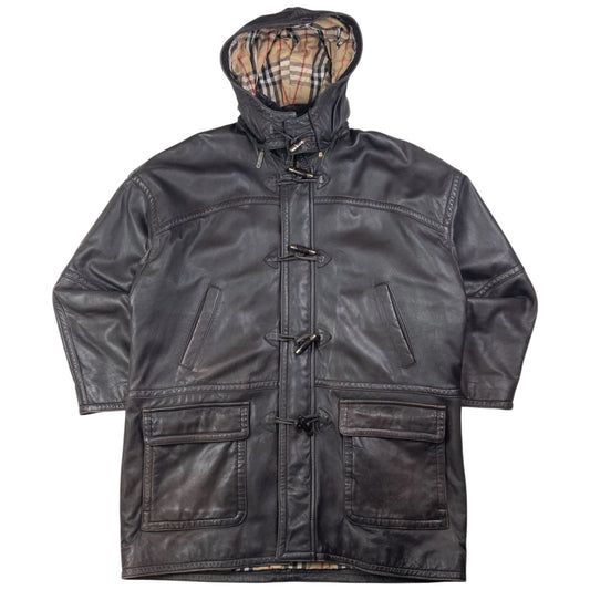 Vintage Burberry Nova Check Lined Leather Duffle Jacket Size XL