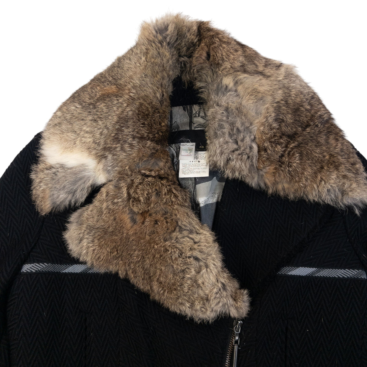 Vintage 2005 Cavalli Rabbit Fur Collar Asymmetrical Wool Jacket Womens Size L