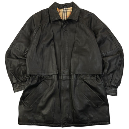 Vintage 90s Burberry Nova Check Lined Leather Jacket Size XL