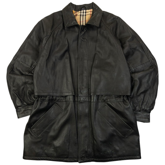 Vintage 90s Burberry Nova Check Lined Leather Jacket Size XL