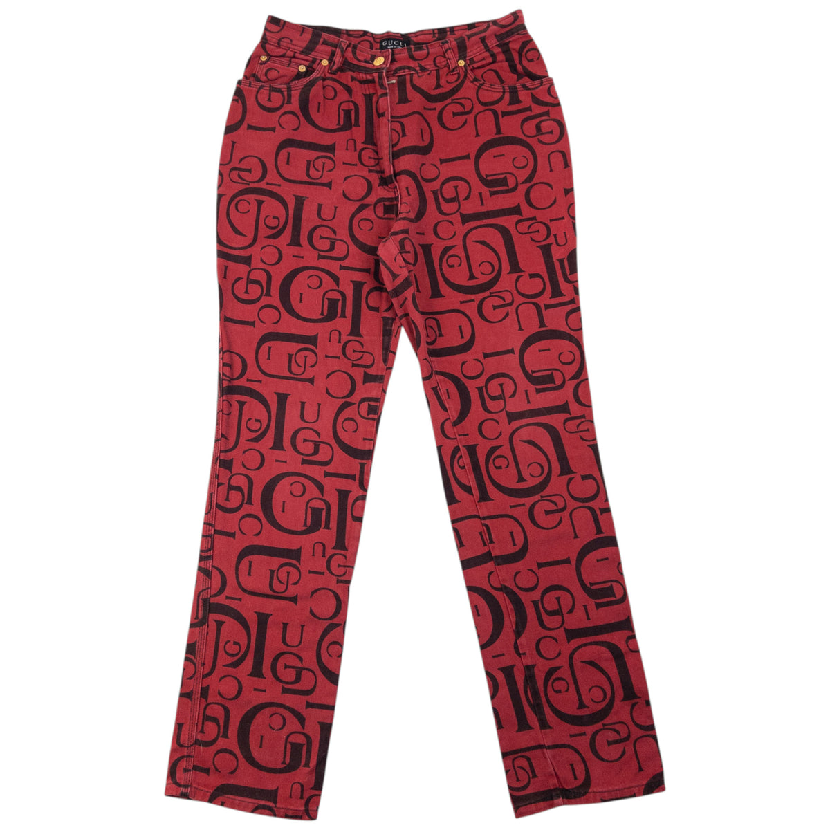 Vintage 90s Gucci Monogram Denim Jeans in red, embossed fastenings
