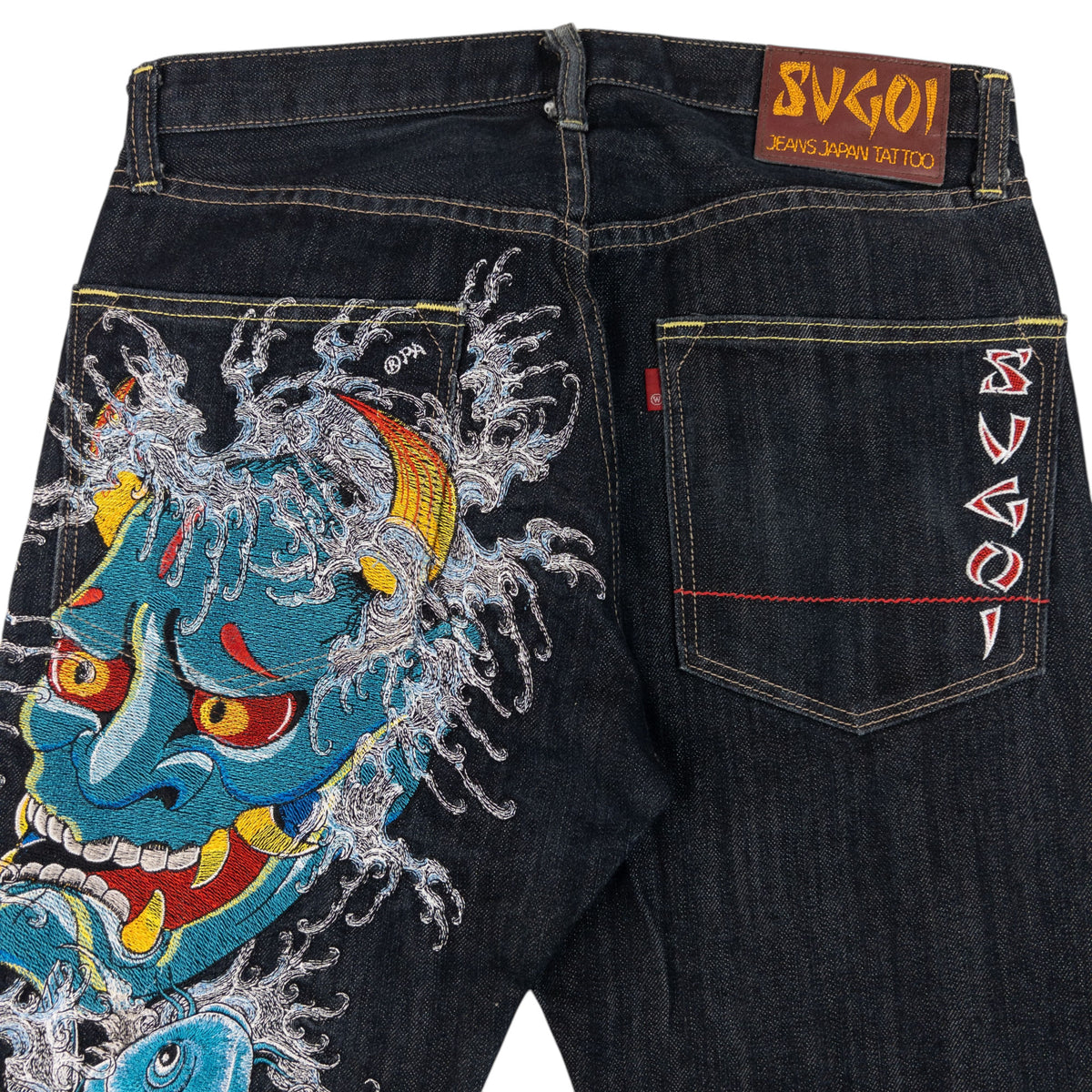 Vintage 2000s Sugoi Embroidered Mask & Koi Fish Japanese Denim Jeans Size W31