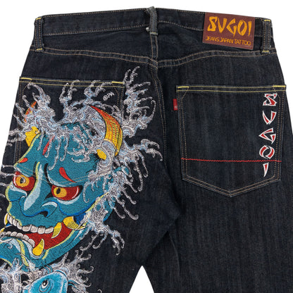 Vintage 2000s Sugoi Embroidered Mask & Koi Fish Japanese Denim Jeans Size W31