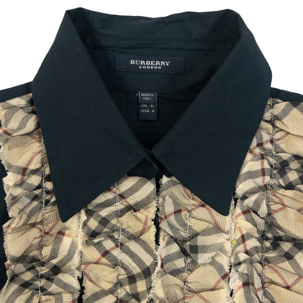 Vintage 2000s Burberry Nova Check Ruffle Front Blouse Womens Size S