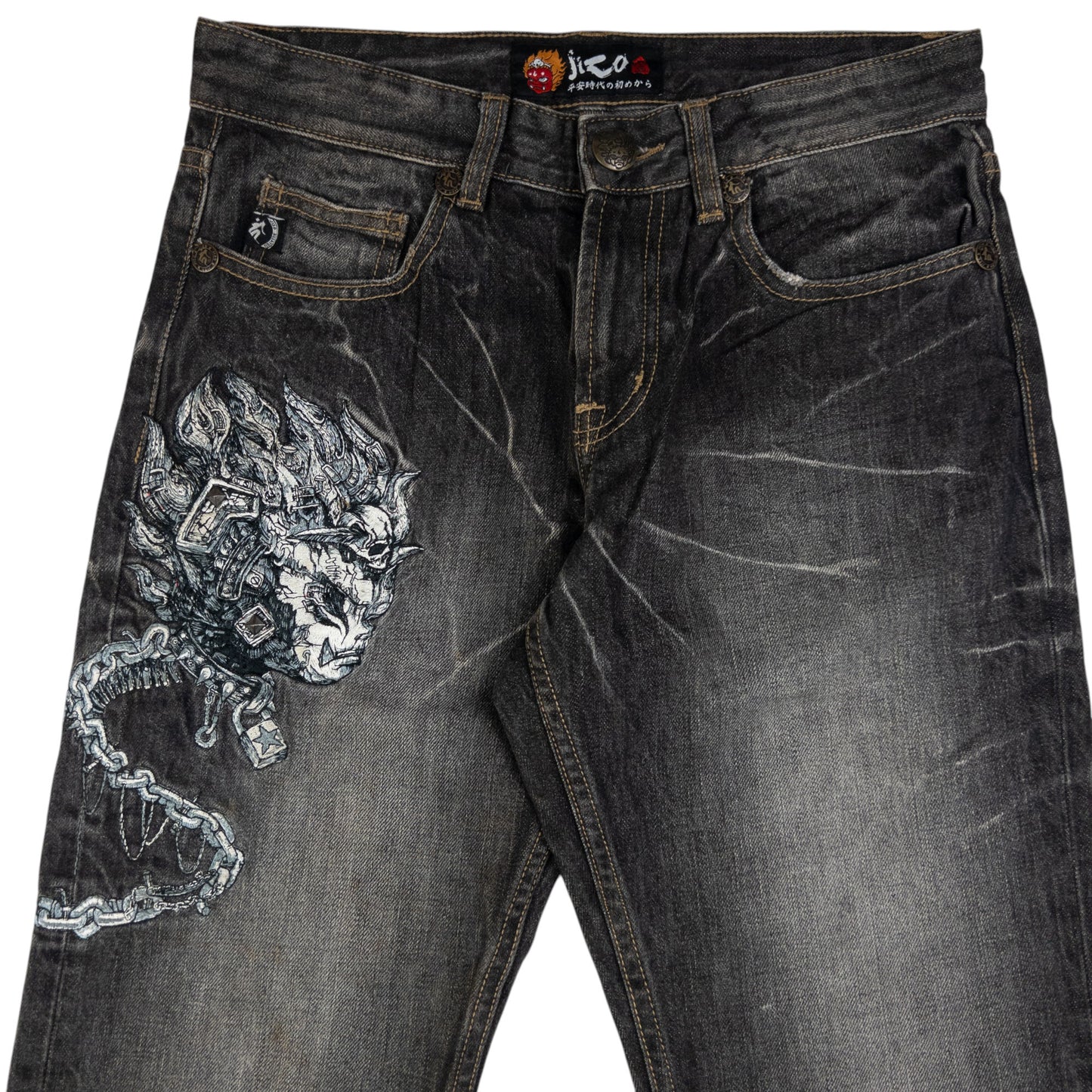 Vintage Jizo Bosatsu Embroidered Troll Skull Japanese Denim Jeans Size W30