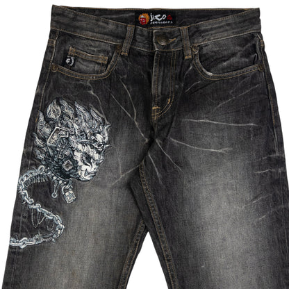 Vintage Jizo Bosatsu Embroidered Troll Skull Japanese Denim Jeans Size W30