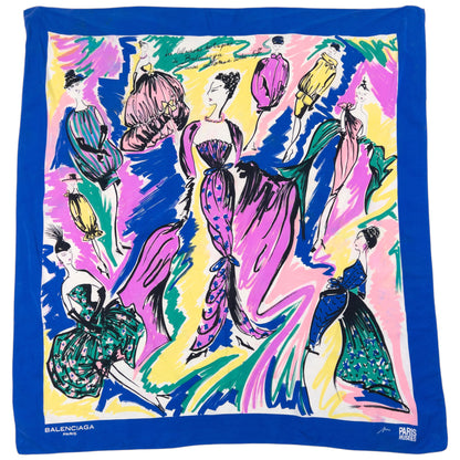 Vintage 90s Balenciaga Paris Musees Illustrated Silk Scarf in blue, illustration graphic print