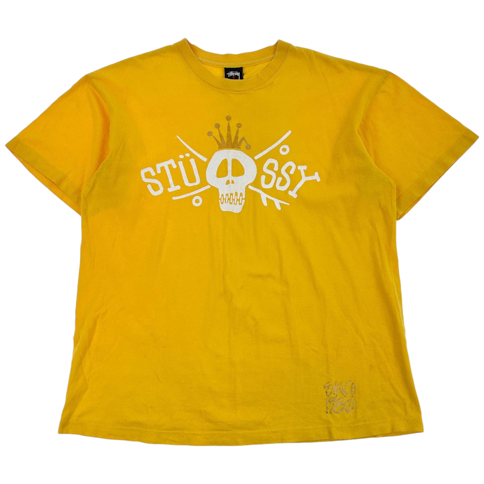 Vintage Stussy Skull Print T-Shirt Yellow Size L 100% Cotton 00s