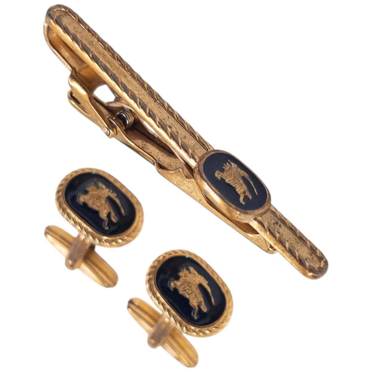 Vintage 90s Burberry Embossed Cufflinks & Tie Clip Set